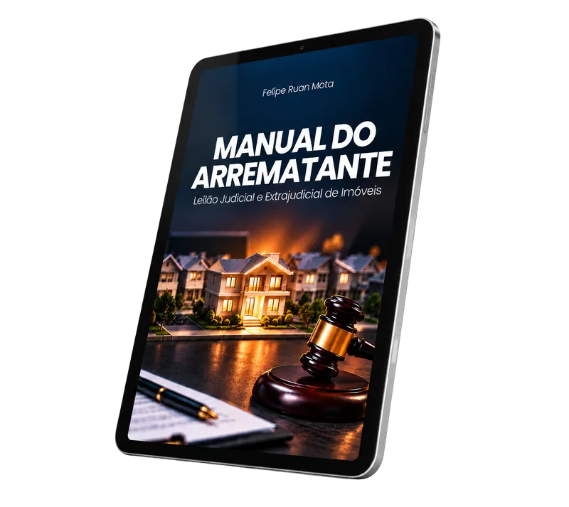 Manual do Arrematante: curso completo sobre leilão de imóveis Capa do Manual do Arrematante em um tablet